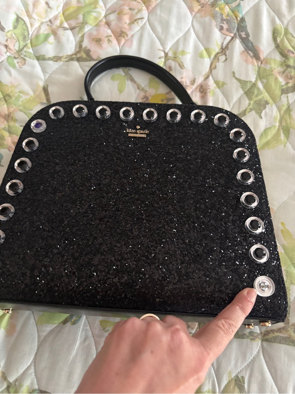 Rare Kate Spade Skyline Way Violina Black Glitter Grommet Satchel Holiday Glam - Picture 12 of 12